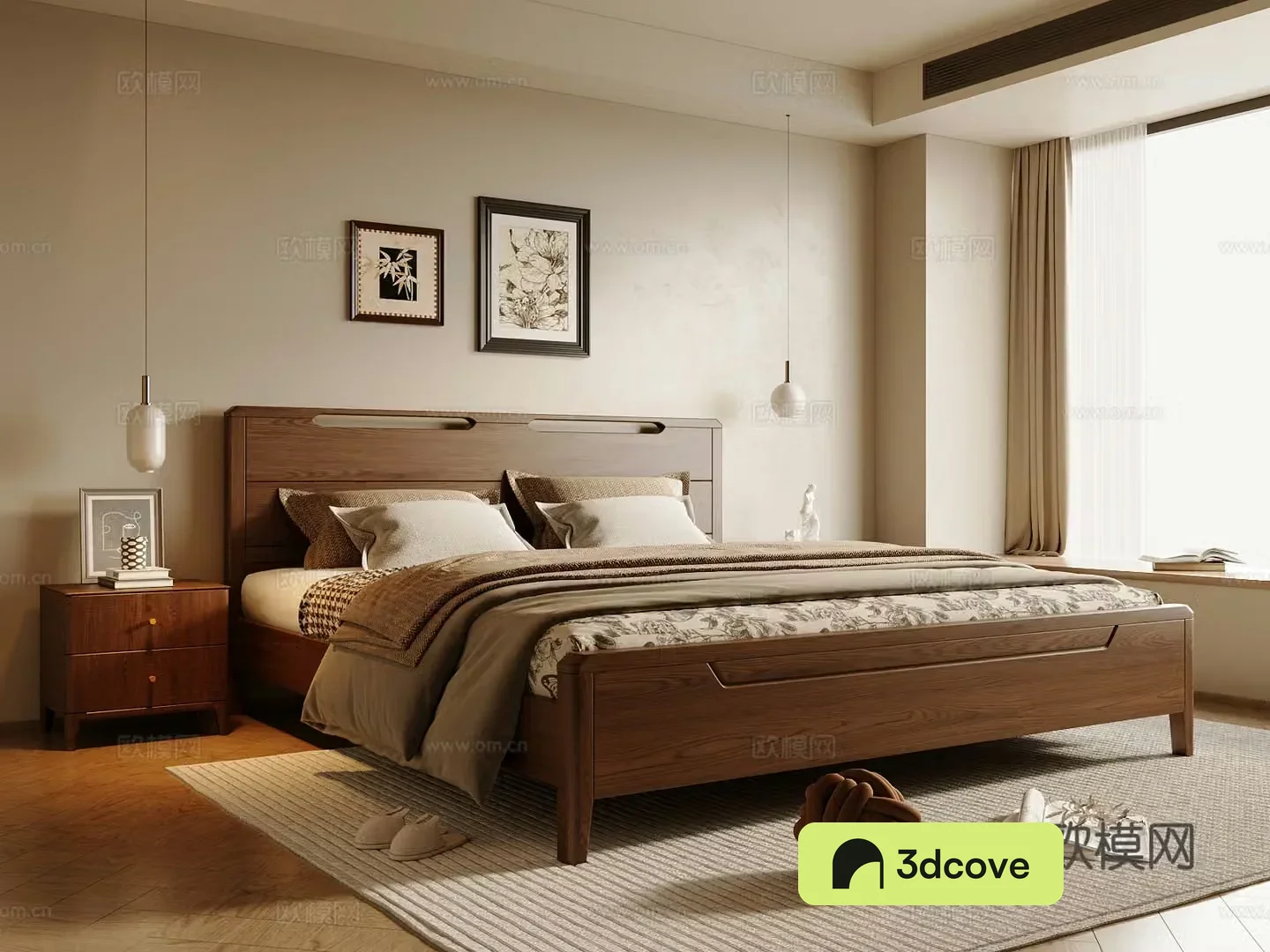 Middle style bedroom solid wood double bed master bedroom bed nightstand bedroom without master lamp decorative painting 3D model