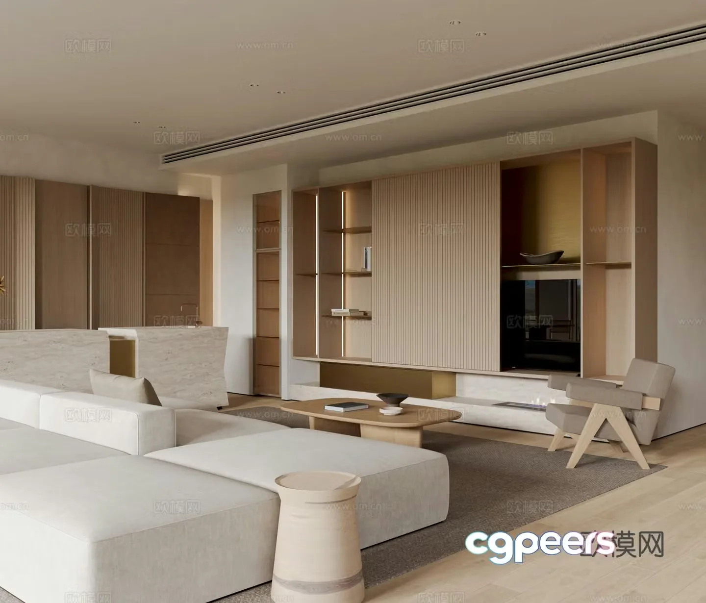 Modern Creamy Living Room 3D Model