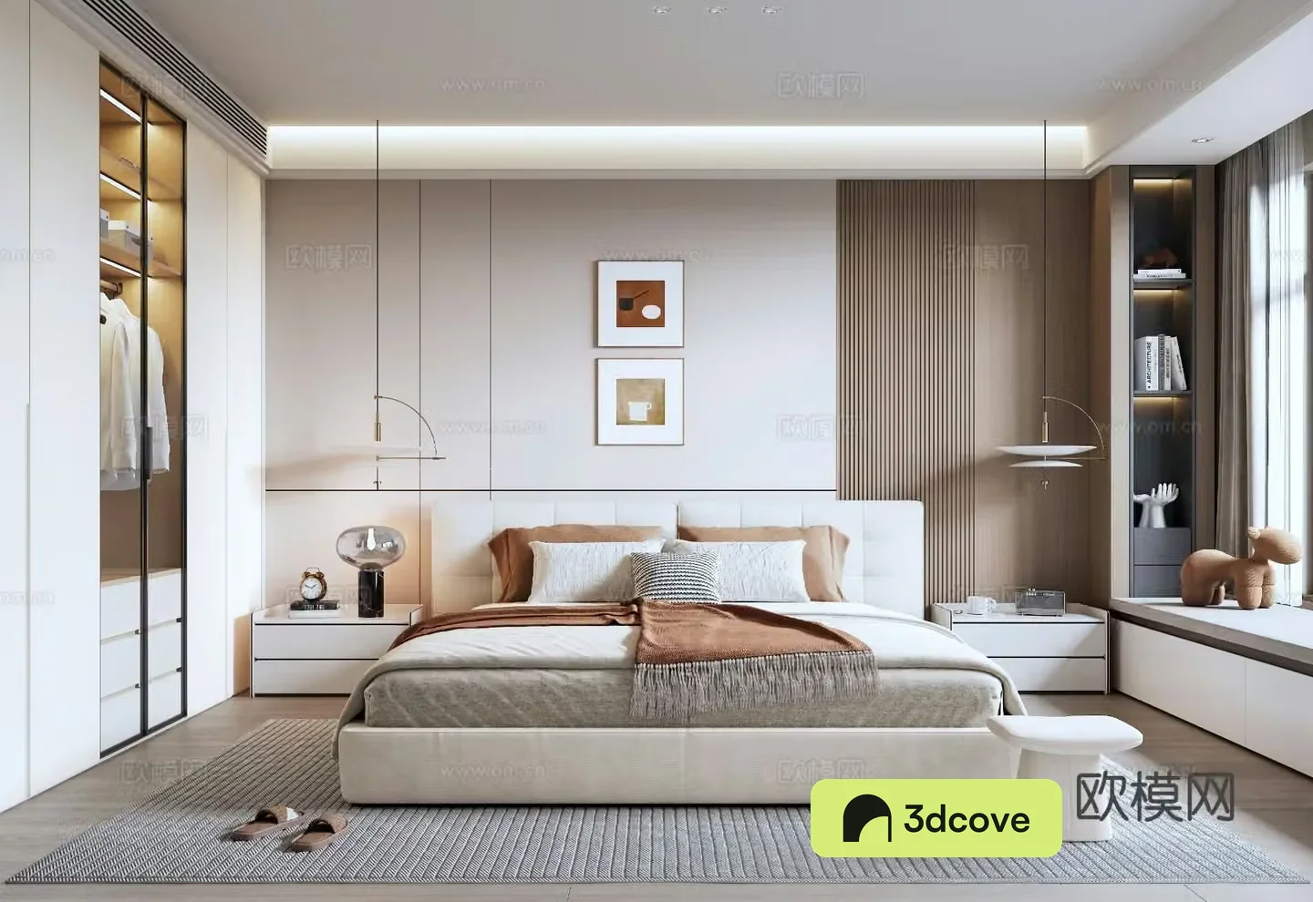 Modern minimalist bedroom wardrobe background wall light bay window bedroom double bed bedside table