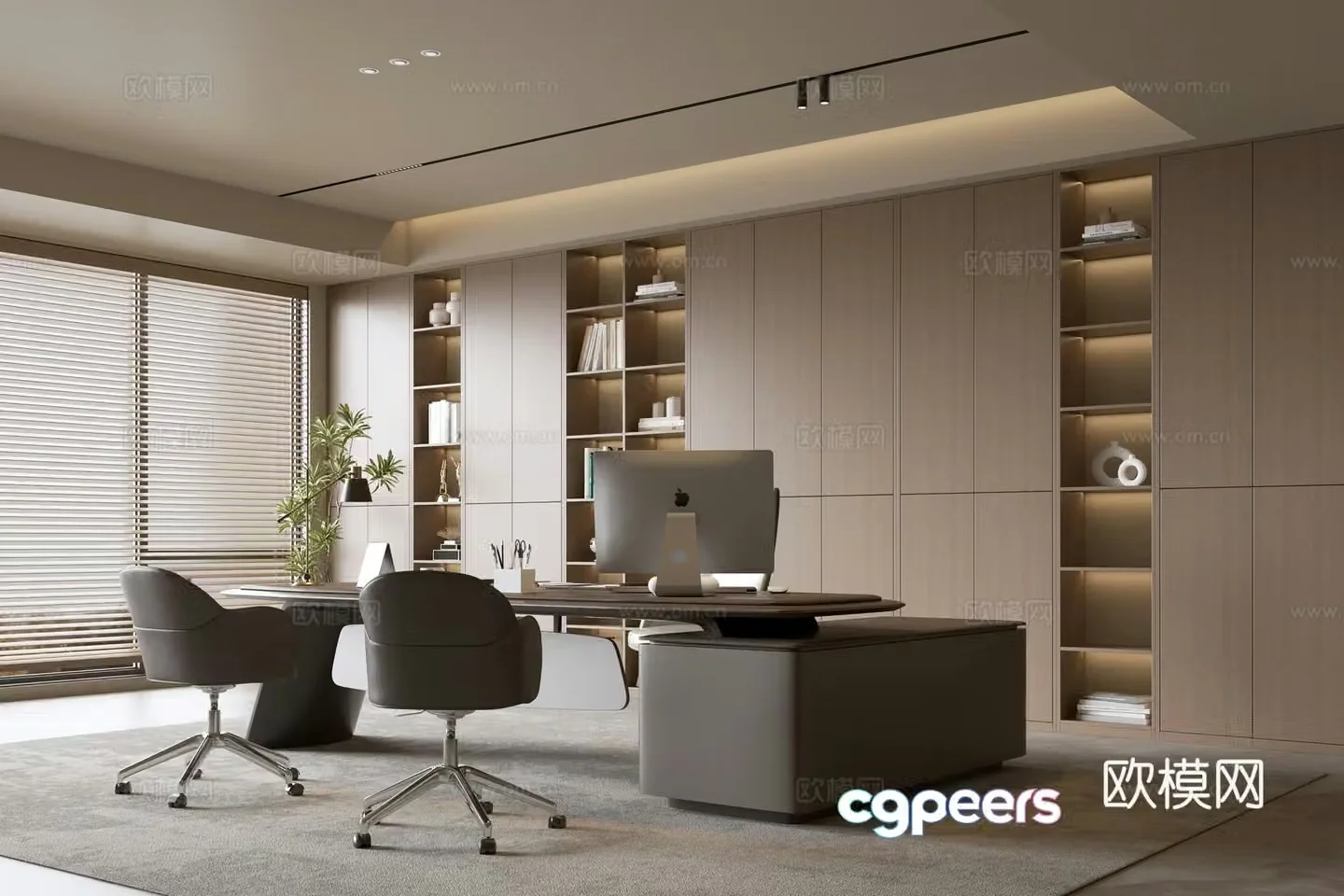 Modern office background wall bookcase office bookcase bookcase background wall solid wood office desk chair 3d model