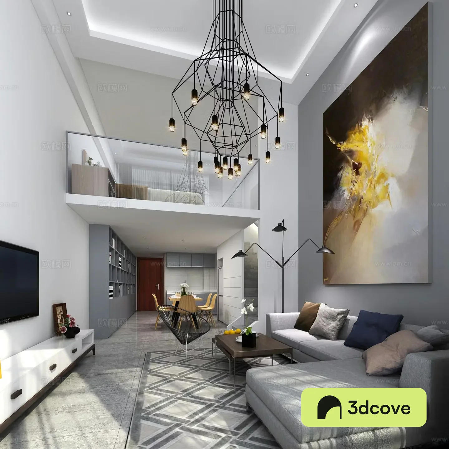Modern Nordic duplex apartment chandeliers dining table and chairs sofa coffee table carpet chandeliers