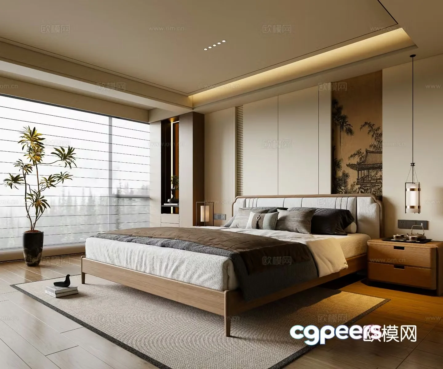 New Chinese style Song style bedroom solid wood double bed bed nightstand chandeliers carpet 3d model
