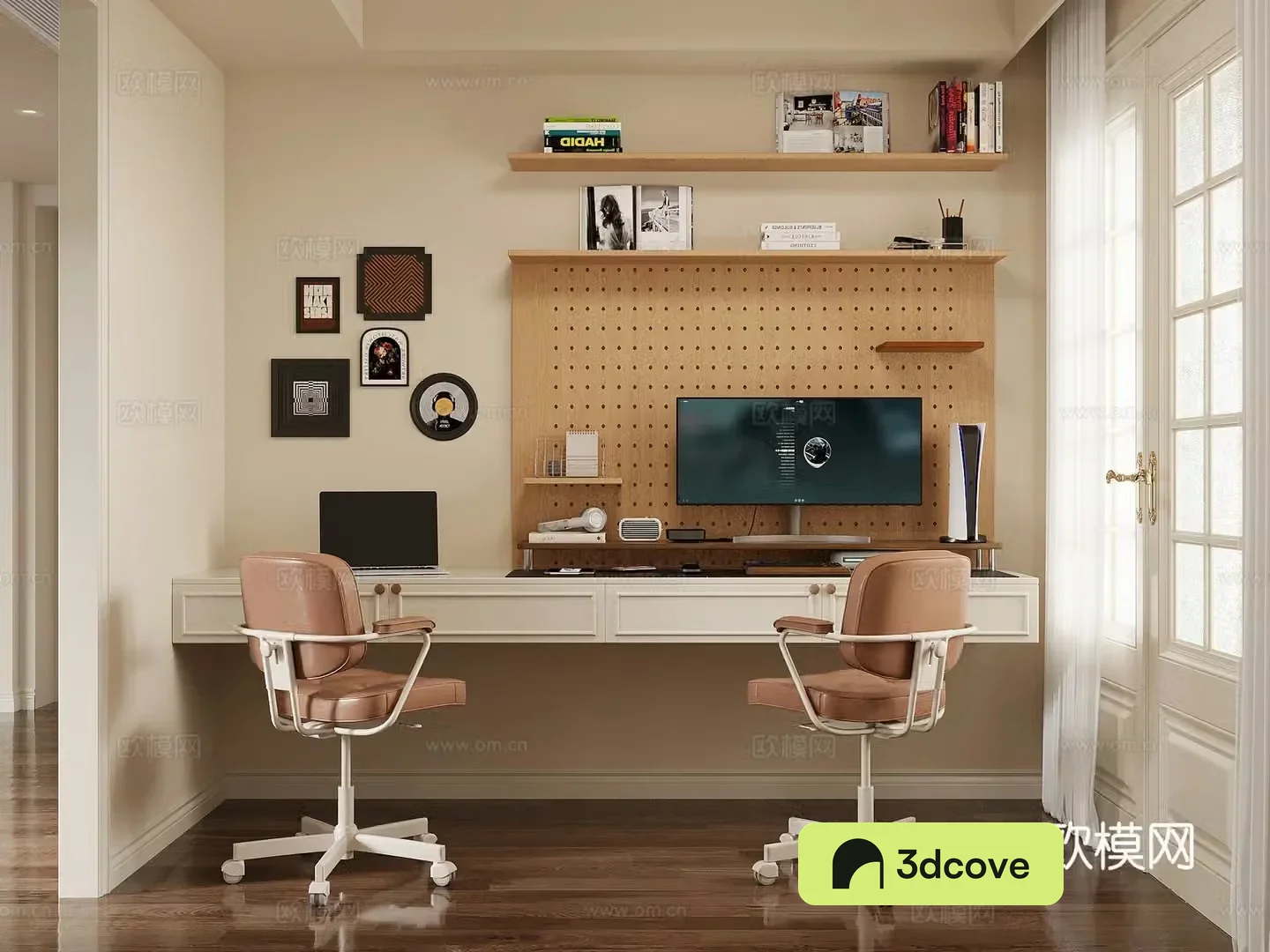 French Creamy Study Room Desk and Chair Computer Book