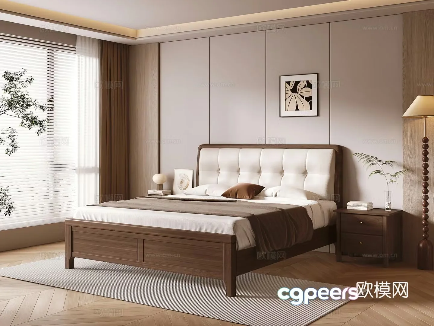 New Chinese-style solid wood double bed 3D model