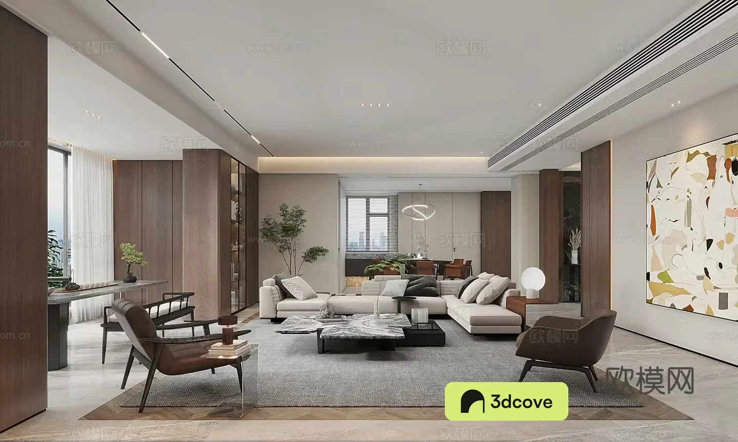 Modern living and dining room with large flat floor