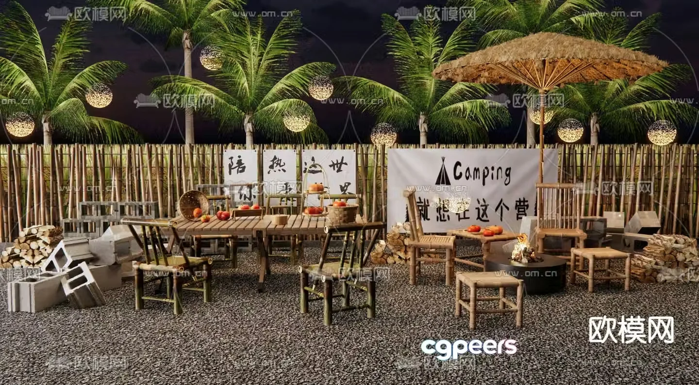 Camping landscape outdoor tables and chairs making tea by the fire 3d model