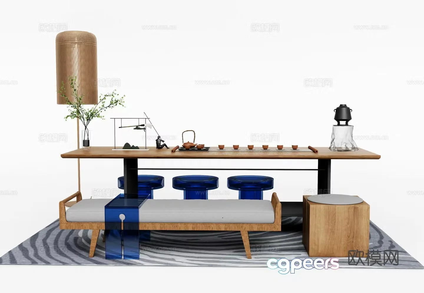 Modern tea table and chairs tea table long table 3d model