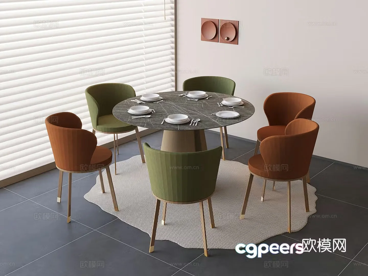 Nordic hotel dining table and chairs marble dining table backrest chair 3D model