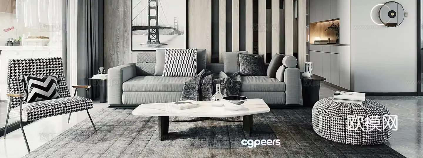 Modern living room Combination sofa Simple living room Modern living room Black and white gray Leisure chair 3d model