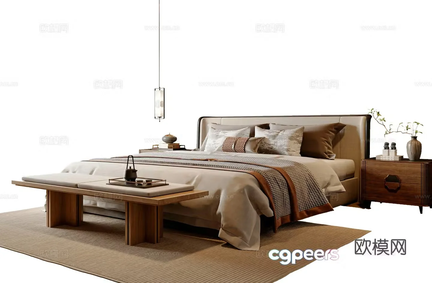 New Chinese style double bed New Chinese style bed tail stool bed nightstand chandeliers Song style 3D model