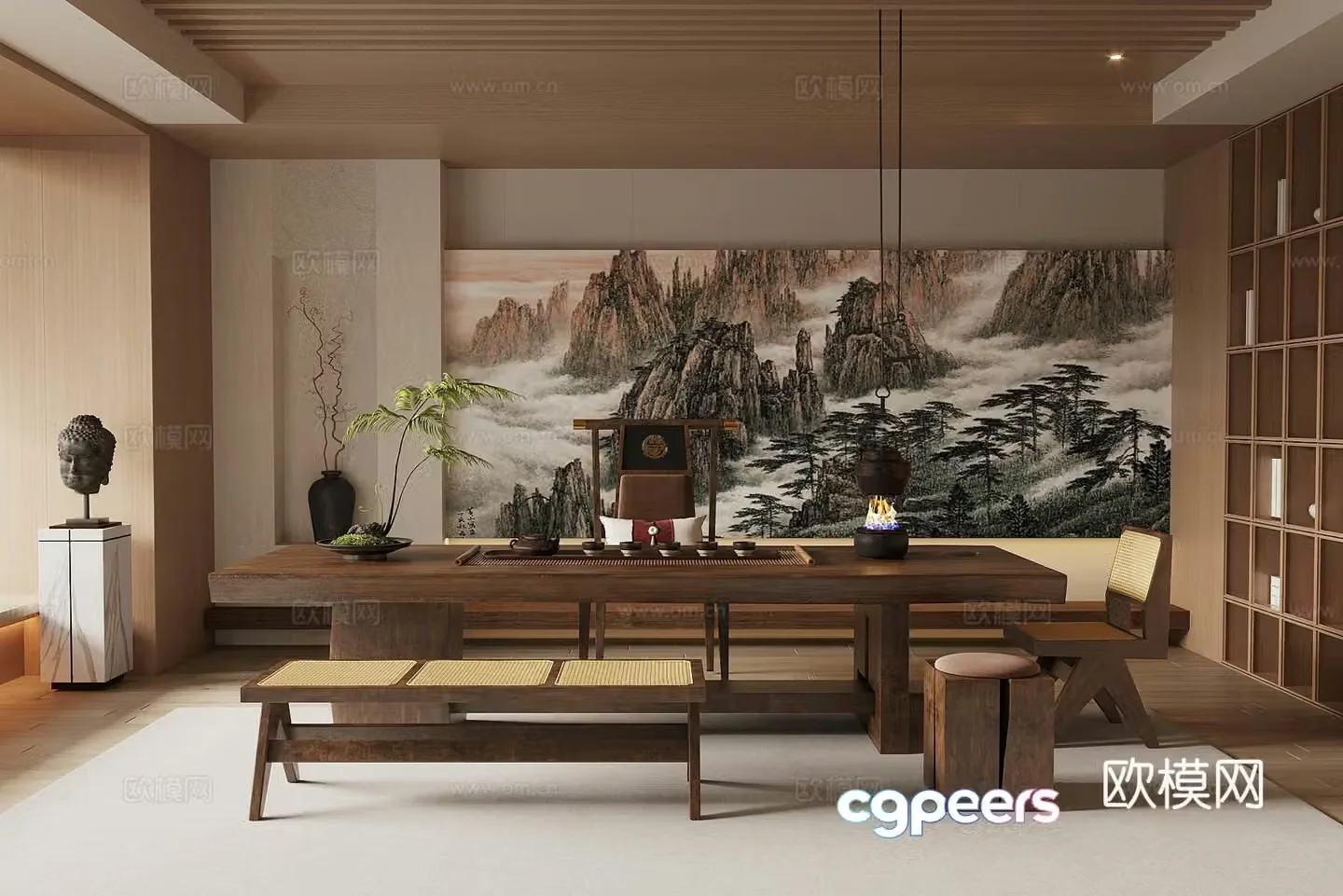 Middle-aged tea room tea tasting area Japanese tea room tatami tea room tatami tea table and chair tea leaves 3D model