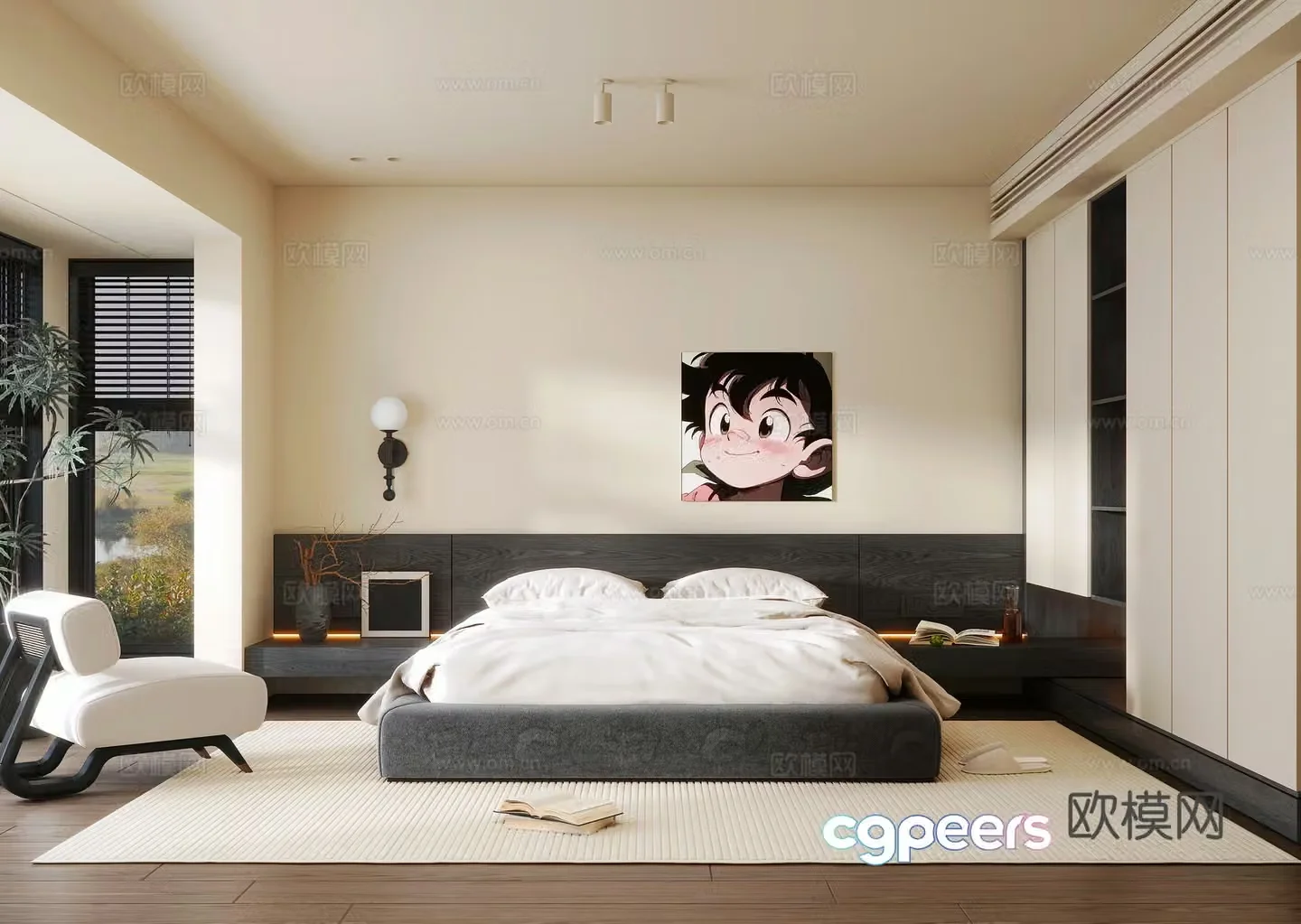 Modern minimalist home bedroom Modern minimalist double bed Single sofa Wardrobe Bedside wall light 3D model