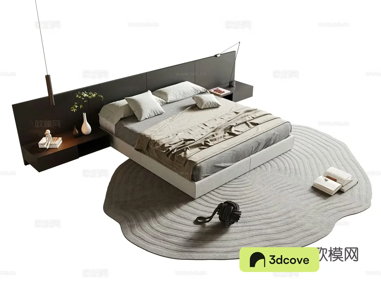Modern minimalist double bed fabric double bed master bedroom double bed head back panel hanging bedside table