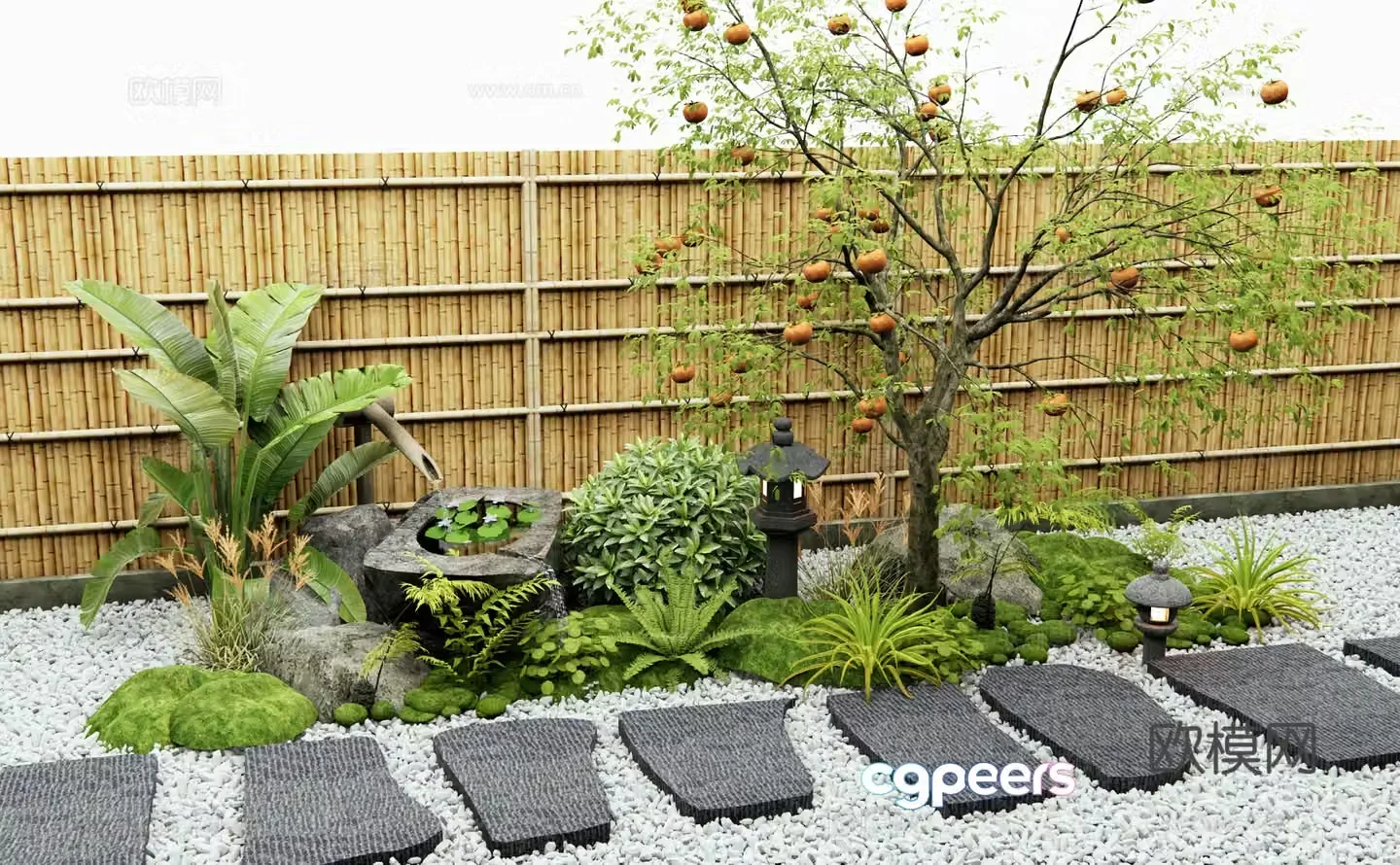 Japanese style new Chinese style courtyard landscape sketch Persimmon tree Slate slab step Plant combination Water bowl waterscape 3D model