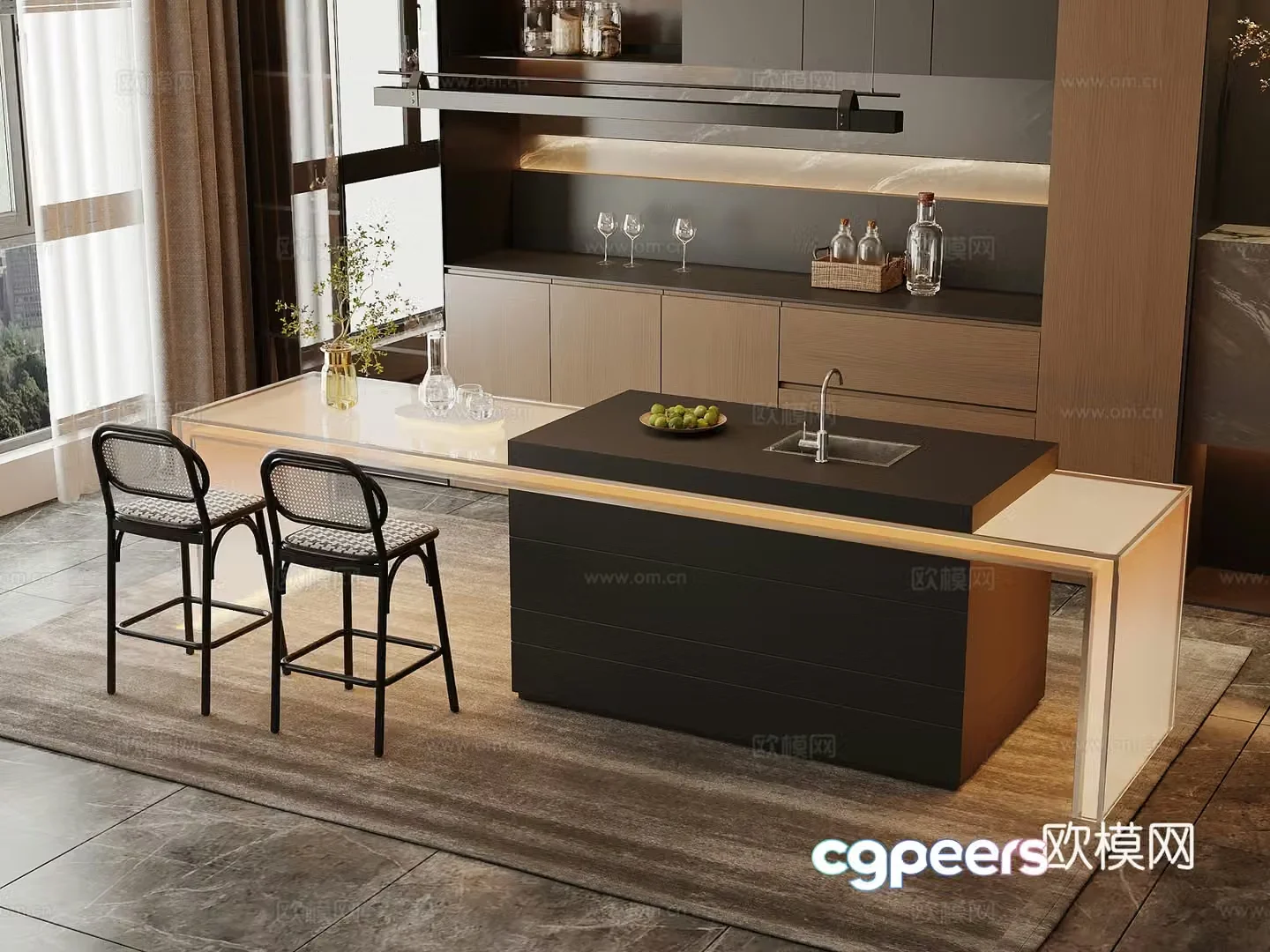 Modern Italian island counter bar dining table chair 3d model