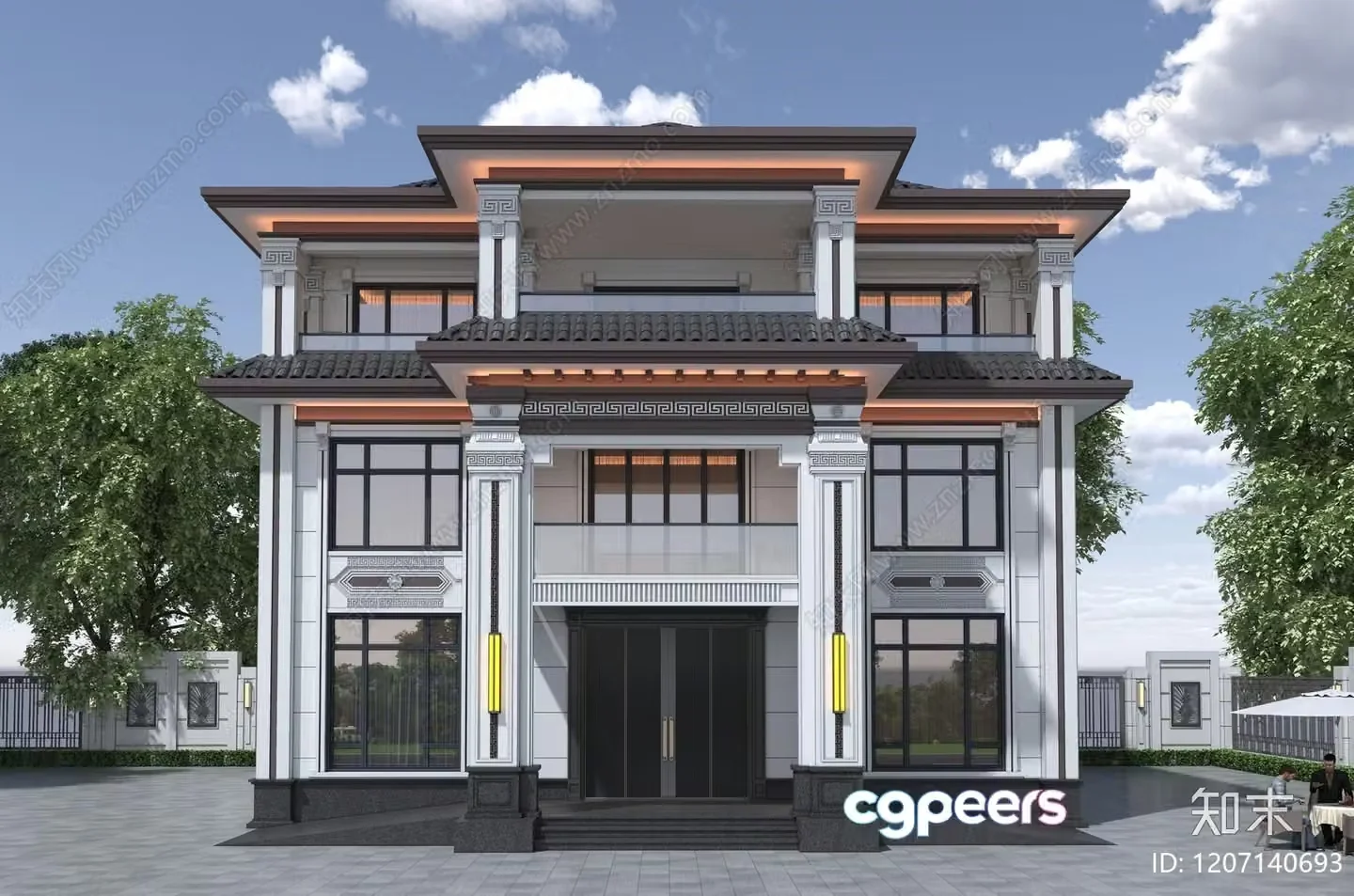 A Large Two-Story House With A Balcony And A Front Door 3D Model – 1131 – CORONA Render
