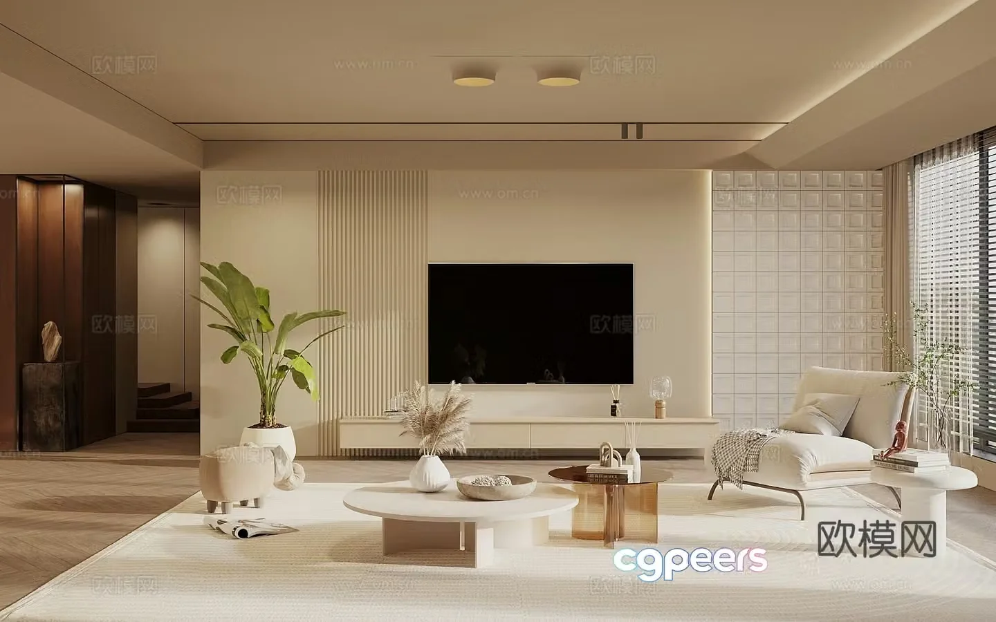 Wasabi Middle Style Living Room TV Background Wall Coffee Table Combination Leisure Chair Jewelry Ornaments 3D Model