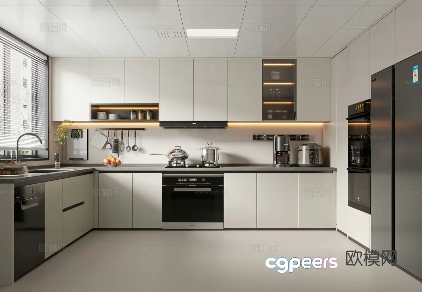 Creamy kitchen cabinet kitchen utensils stove refrigerator kitchen appliances 3d model