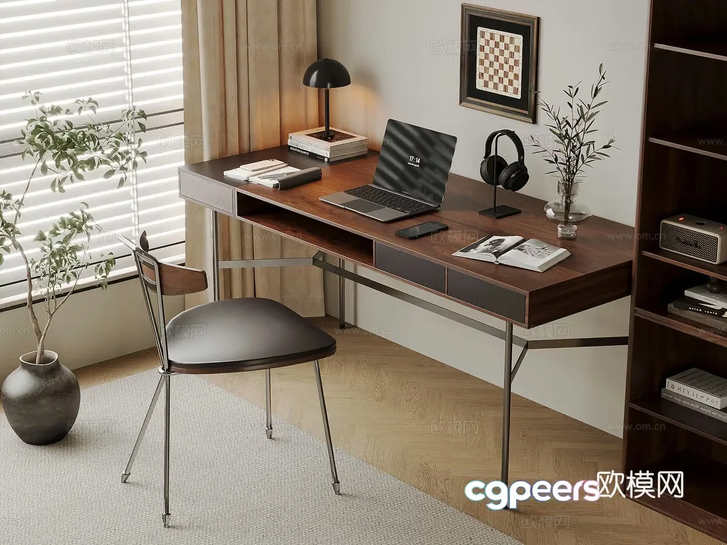Middle-aged style desk and chair solid wood computer desk and chair writing desk study desk and chair solid wood single chair bookcase 3D model