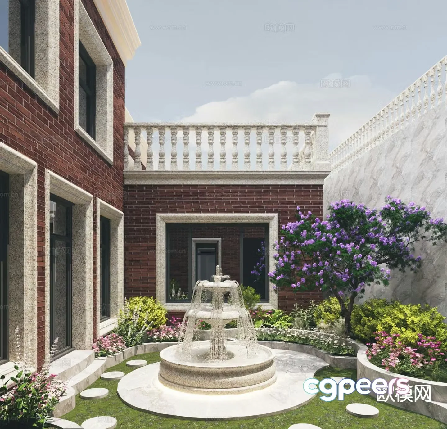 European villa garden courtyard landscape 3D model