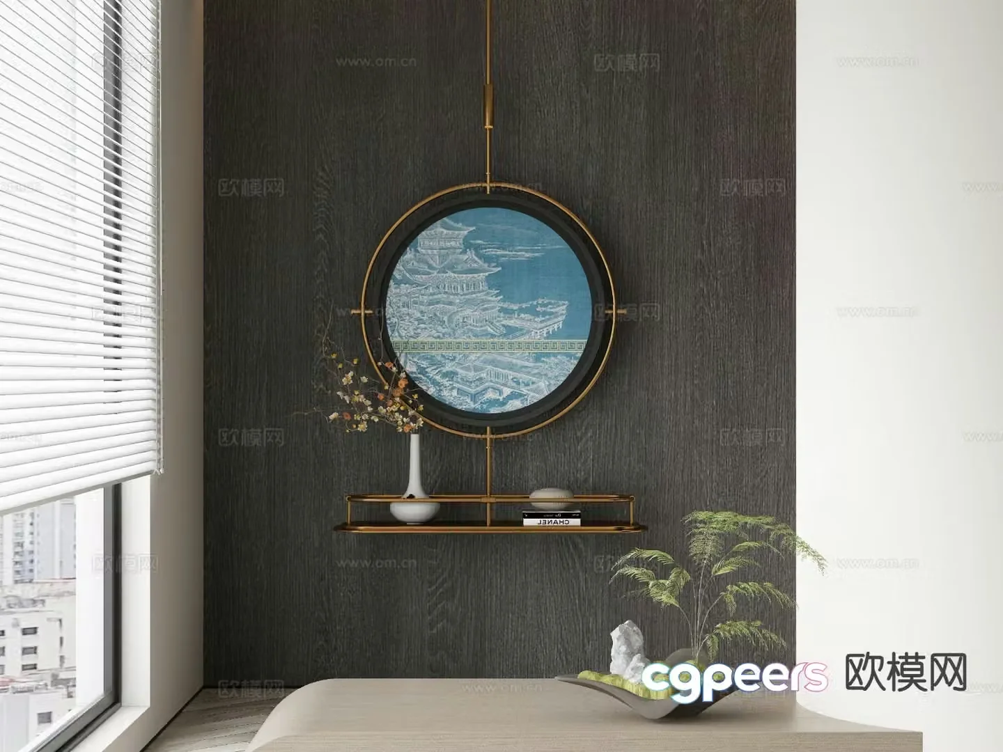 New Chinese style decorative painting round hanging ornament 3D model