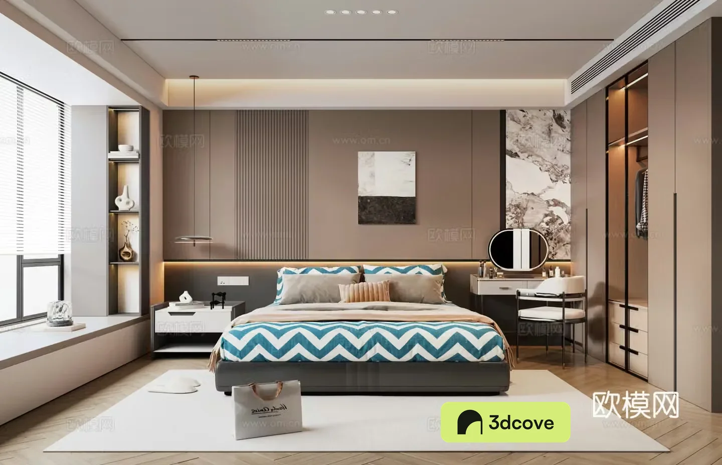 Modern Italian bedroom double bed Italian wardrobe background wall bedside table bay window