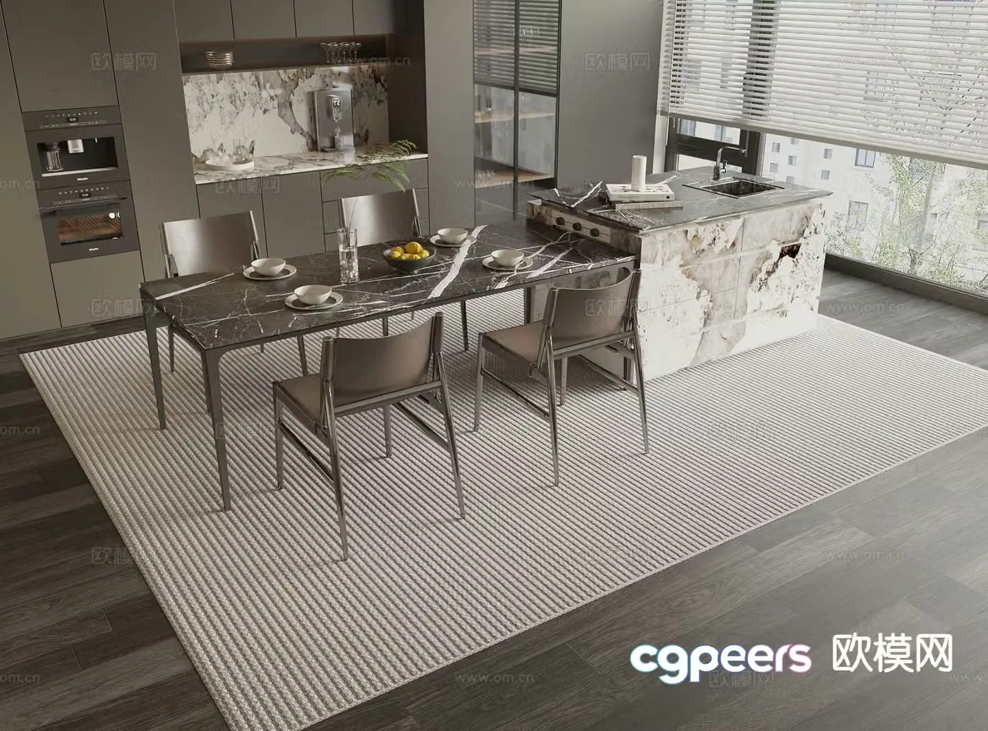 Modern island table dining table and chairs 3d model