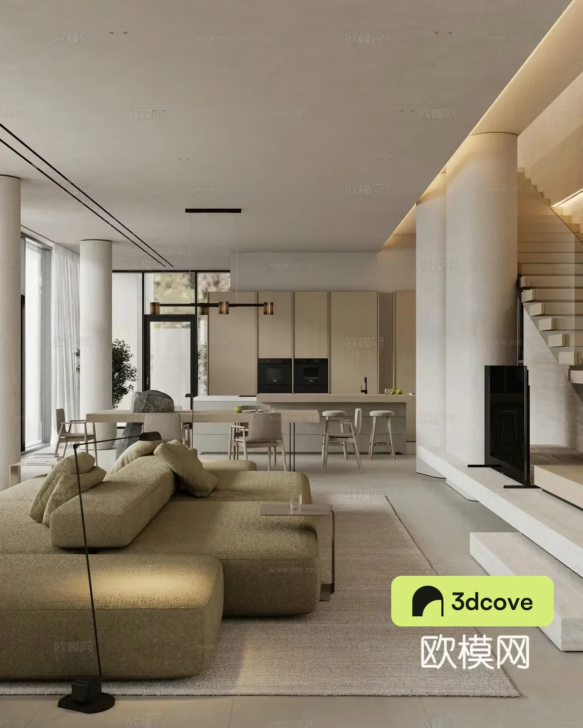 Modern log duplex living and dining room