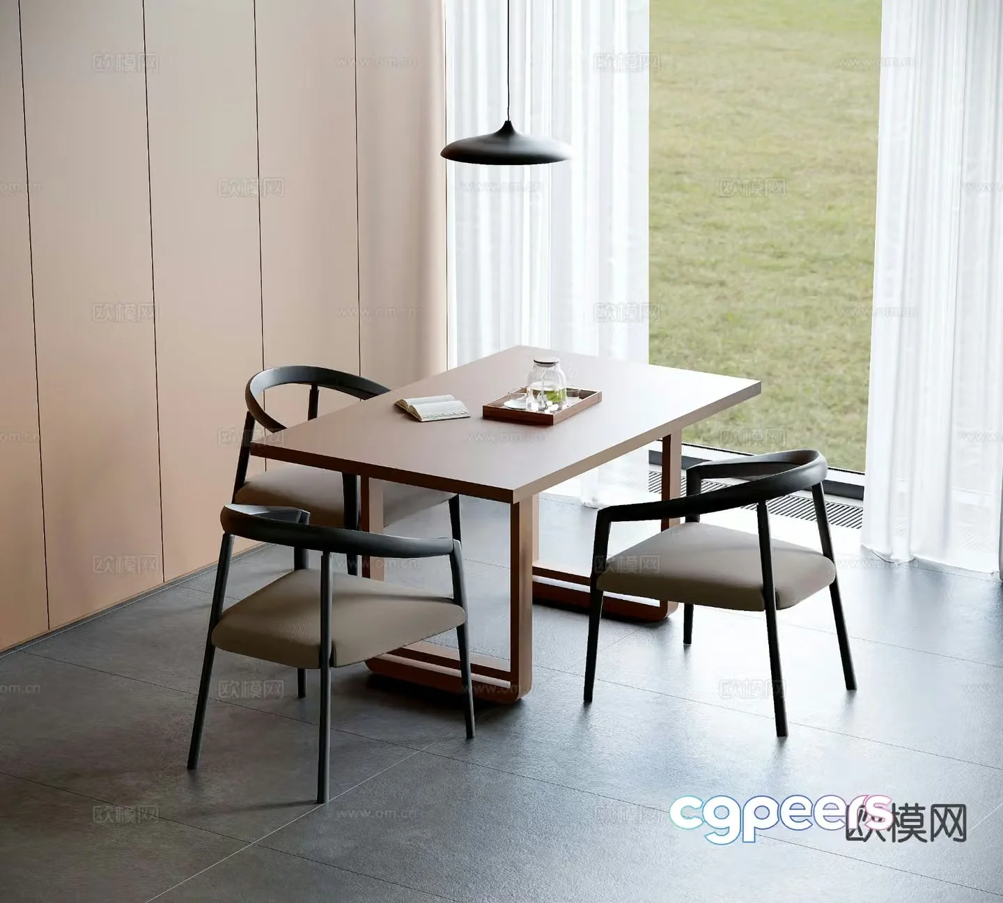 Modern long dining table and chairs 3d model