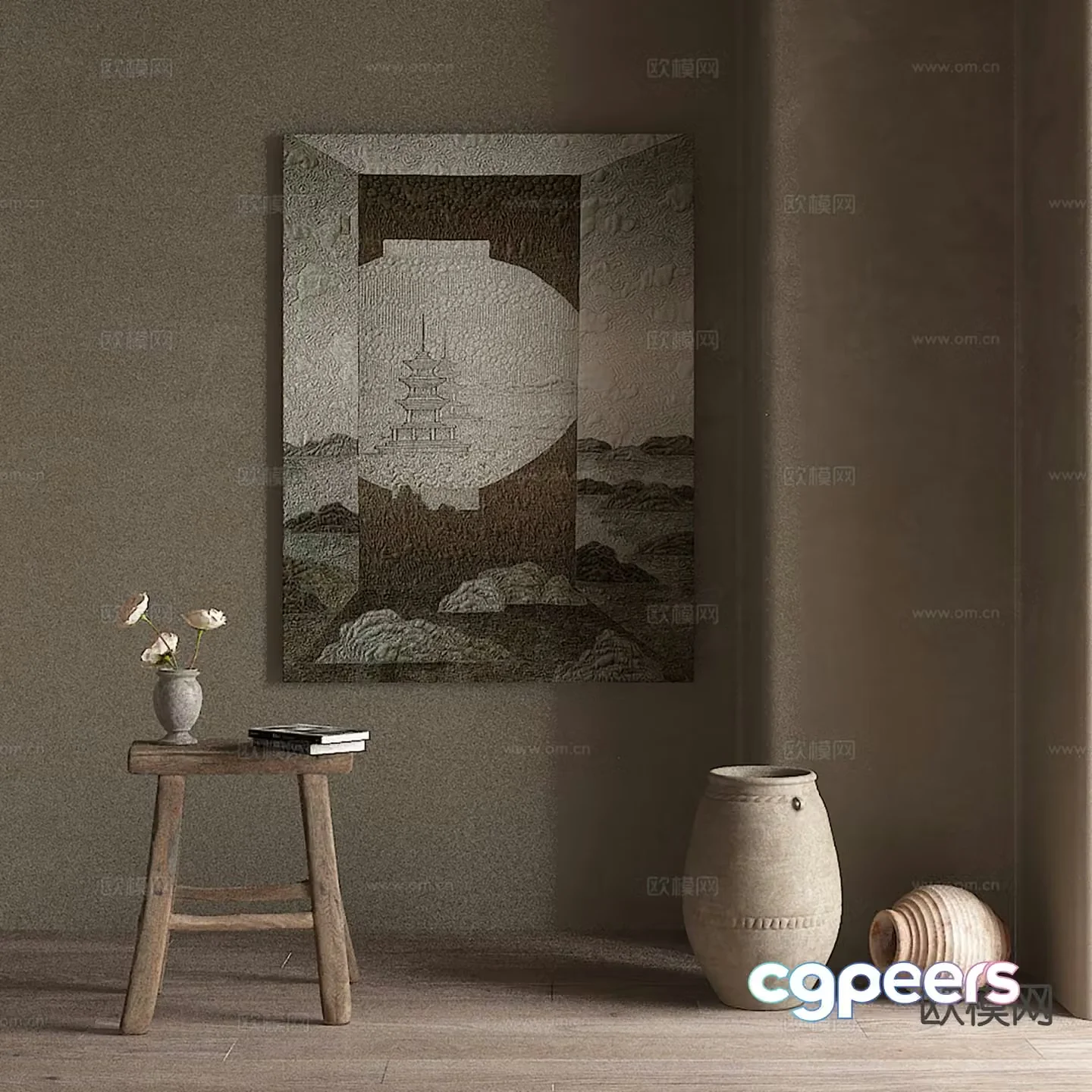 New Chinese style decorative painting Zen hanging painting clay pot 3D model
