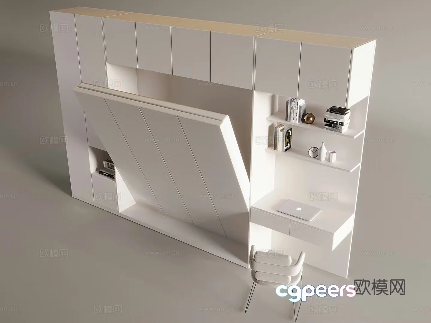 Nordic cream desk and chair invisible bed wardrobe integrated folding bed Murphy side rolling bed desk wardrobe one 3D model