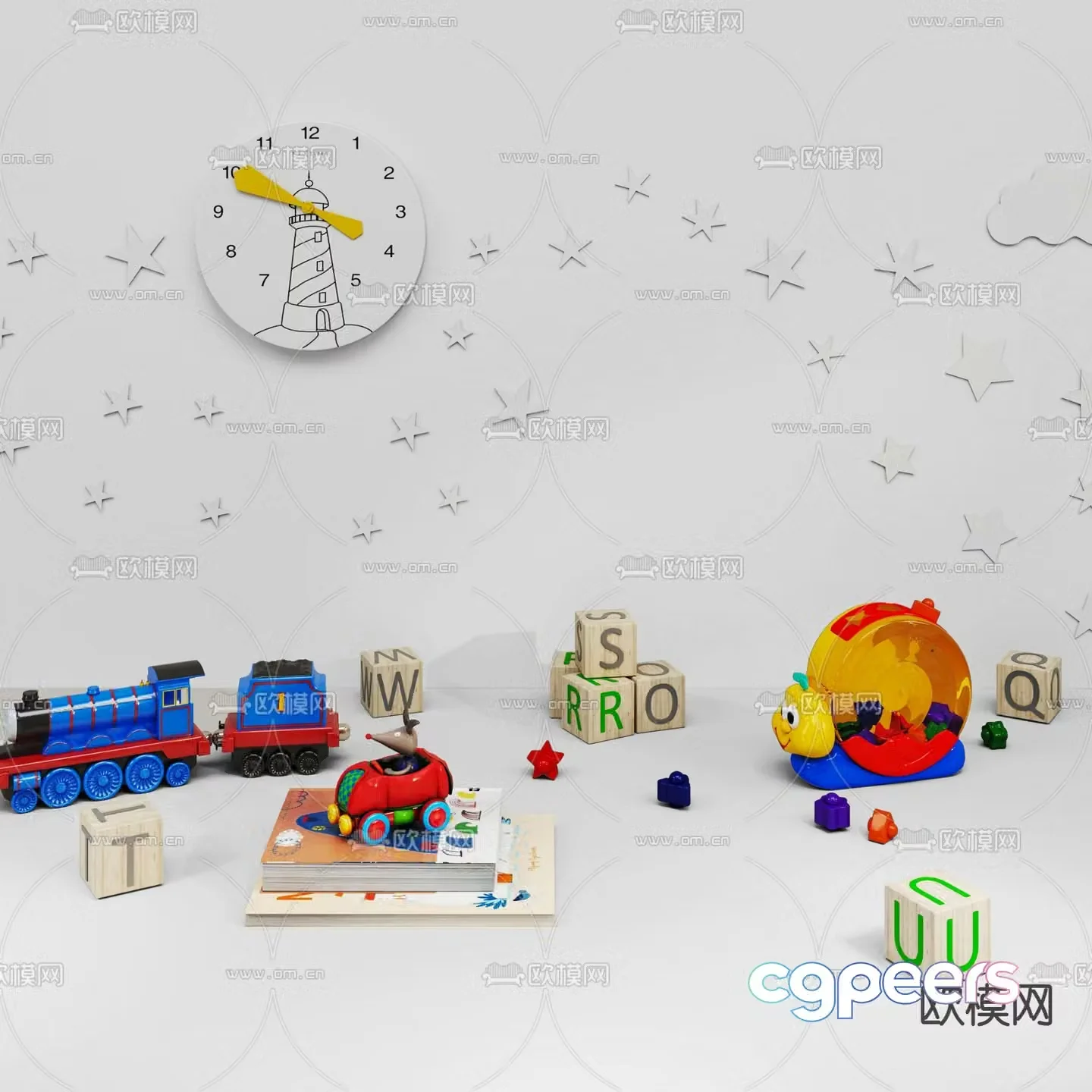 Building block toys cartoon cars children’s books clock 3d model
