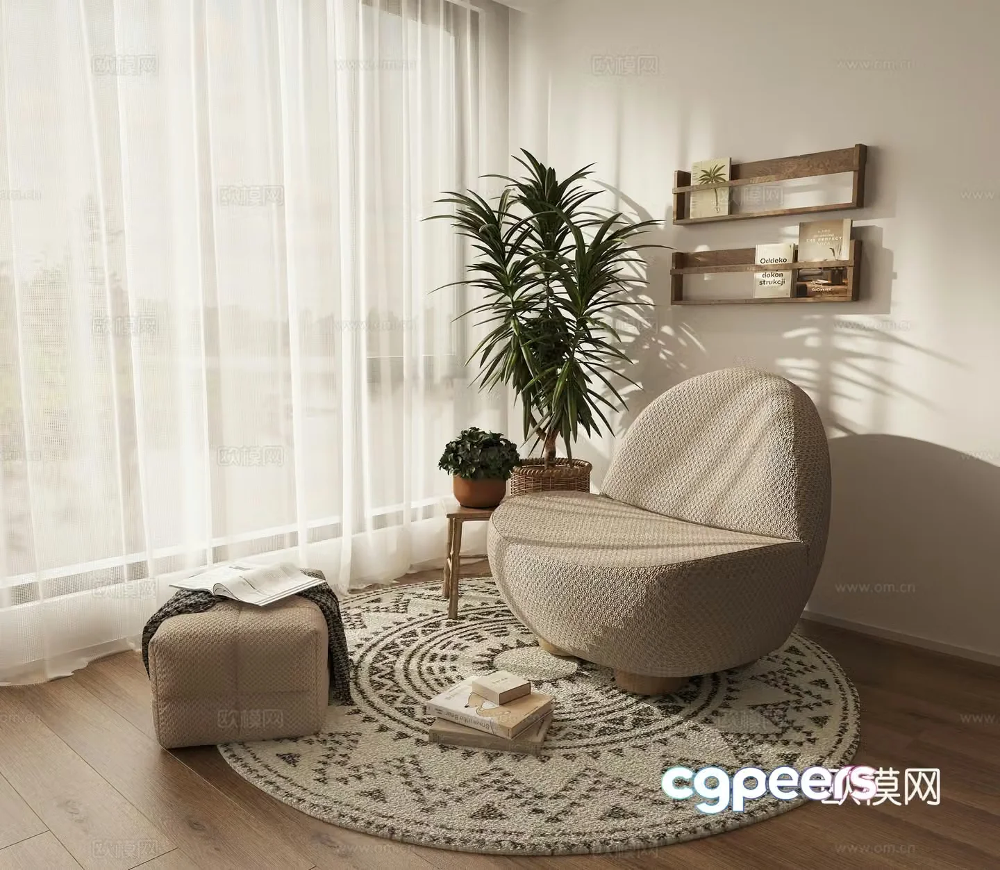 Leisure chair lazy sofa side several potted wall decoration 3D model