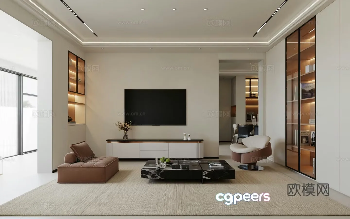 Modern living room combination sofa TV background wall TV cabinet light luxury simple living and dining room 3D model