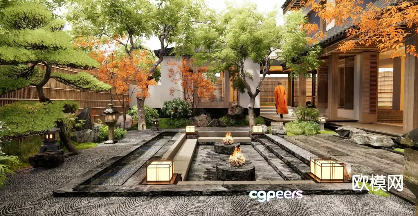 Japanese courtyard landscape rural courtyard home yard 3d model