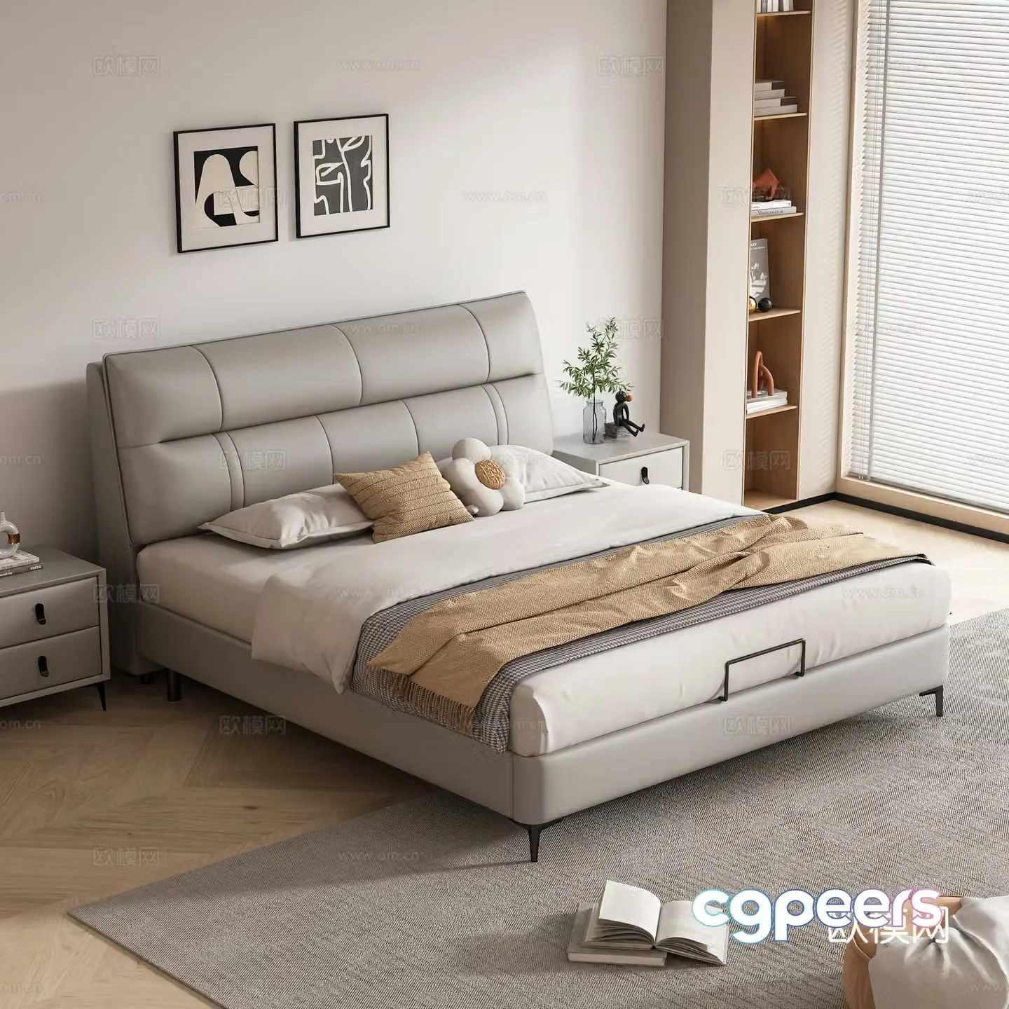 Double bed leather soft bag double bed light luxury master bedroom bed Italian minimalist leather bed bedroom 3d model