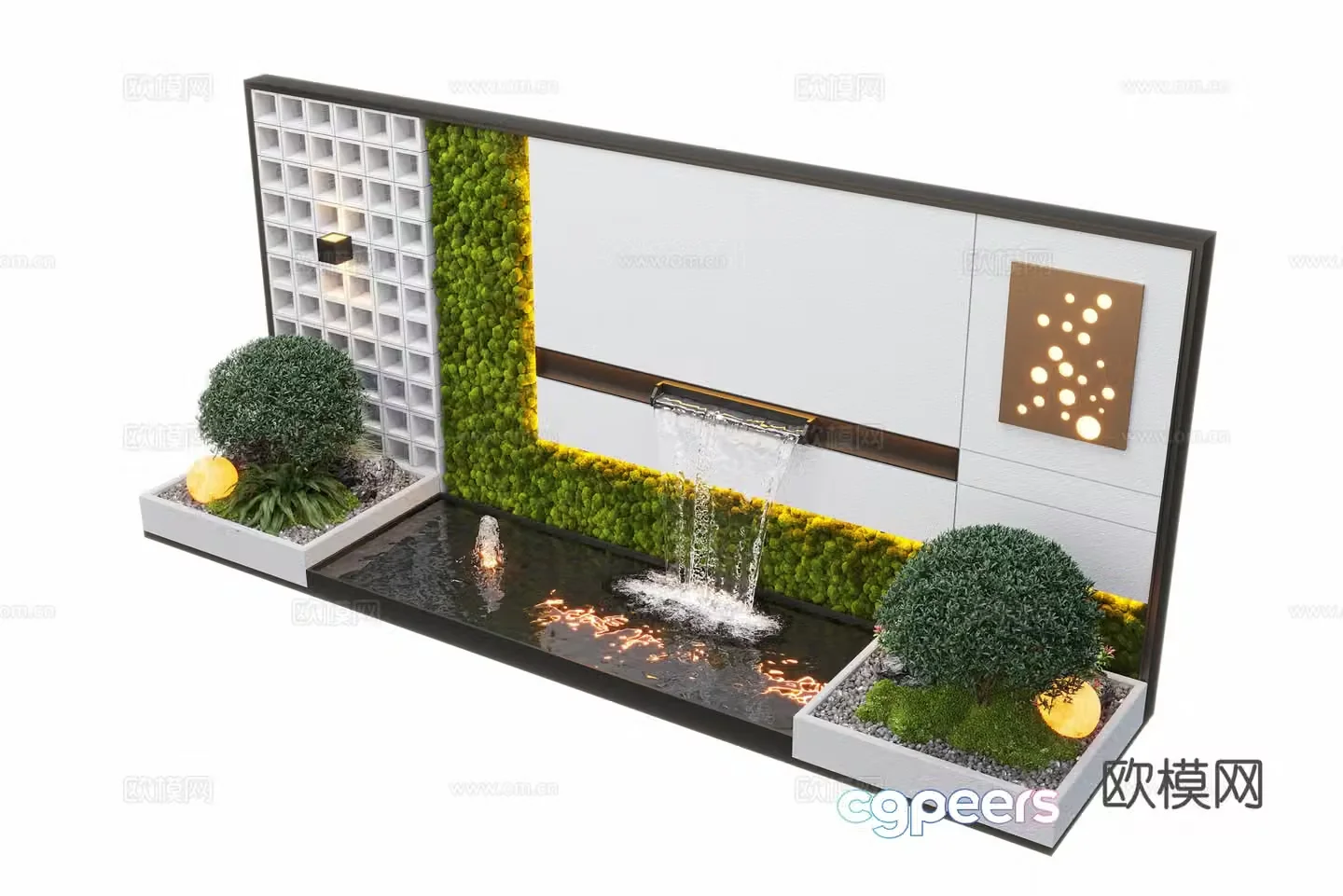 Modern courtyard waterscape waterscape wall stacked water landscape plants fish pond 3d model