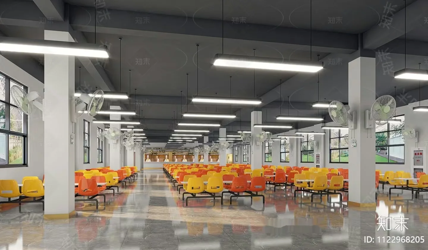 A Large Open Room With Rows Of Yellow And Orange Chairs 3D Model – 10266 – VRAY Render