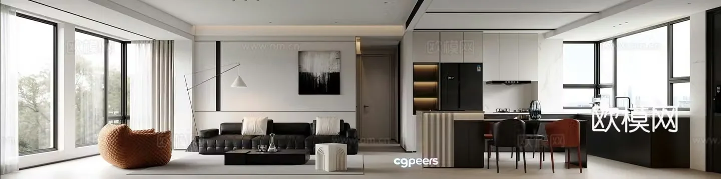 Modern living and dining room 3d model