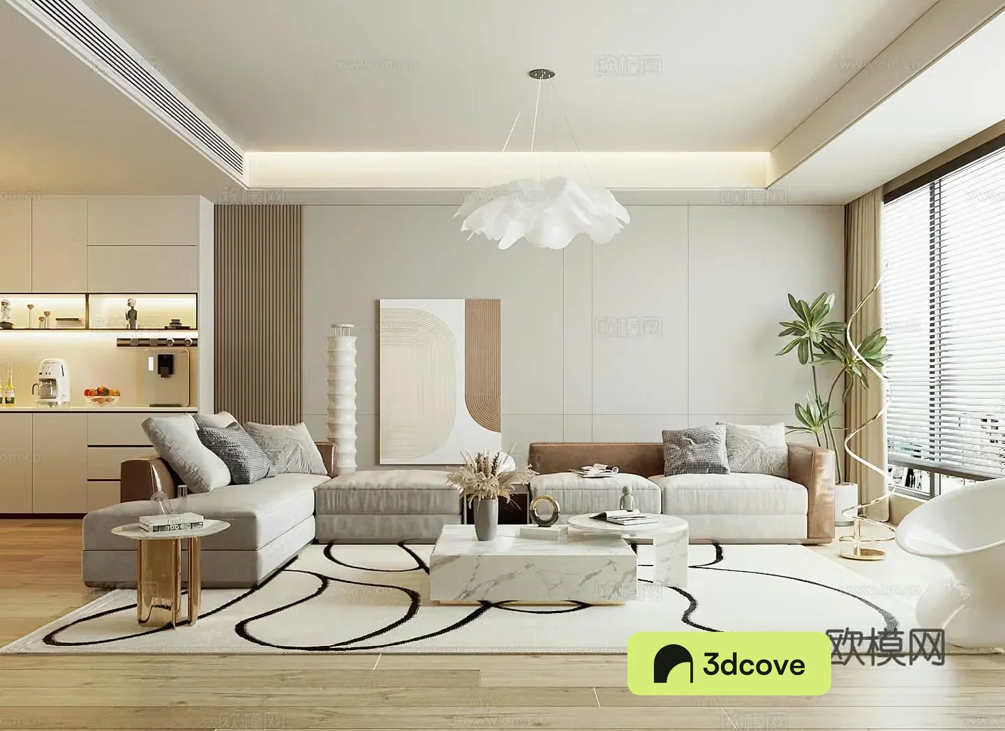Living room Creamy living room Sofa coffee table Hanging painting Floor lamp Chandelier Indoor green plants Dining