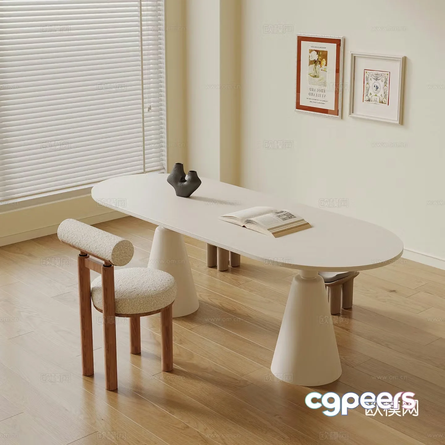 Desk French cream style desk and chair Office desk and chair combination 3D model