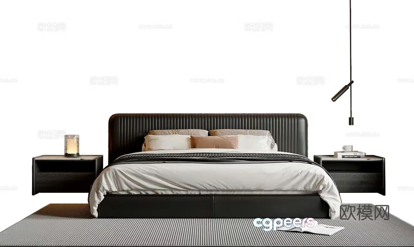 Modern simple double bed bed nightstand leather double bed chandeliers table lamp 3d model