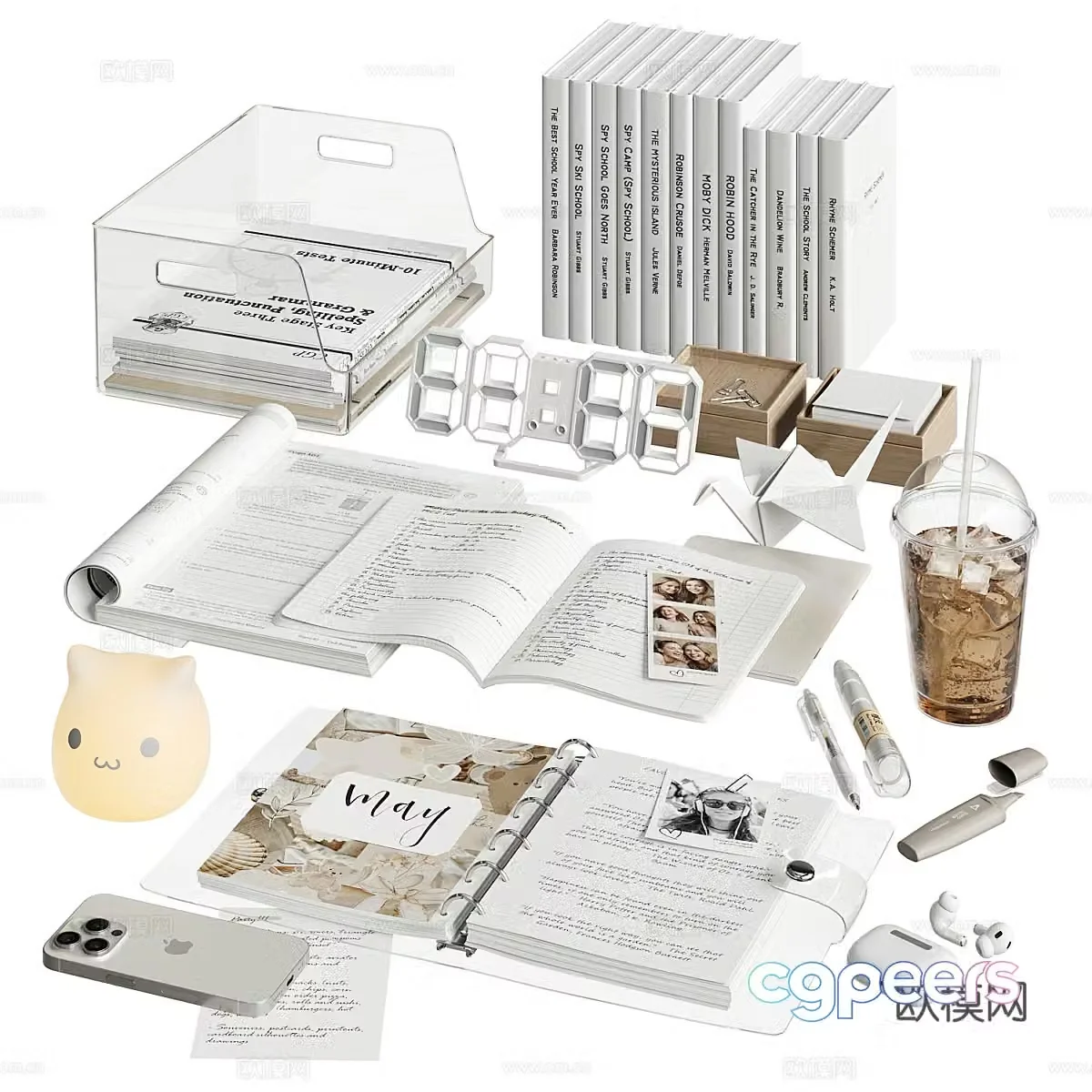 Modern books school supplies mobile phone milk tea 3d model
