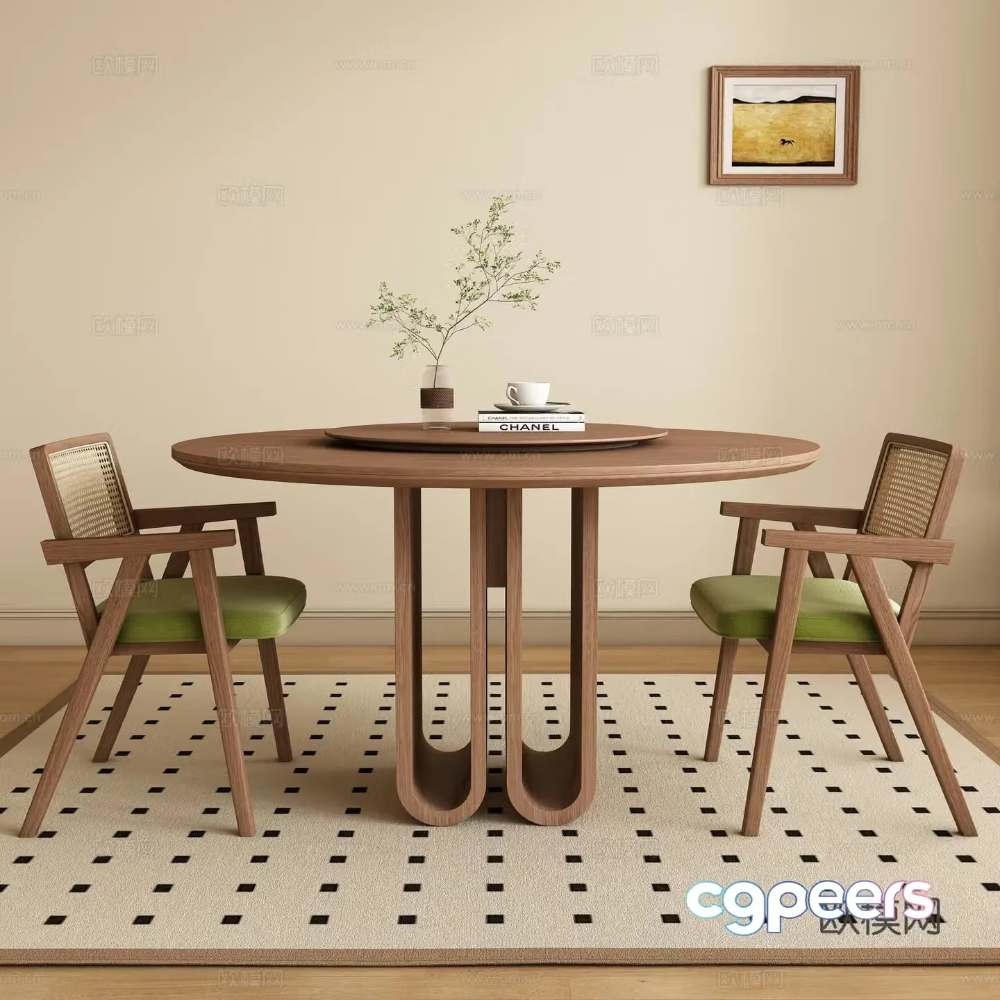 Medium style round dining table and chair 3D model