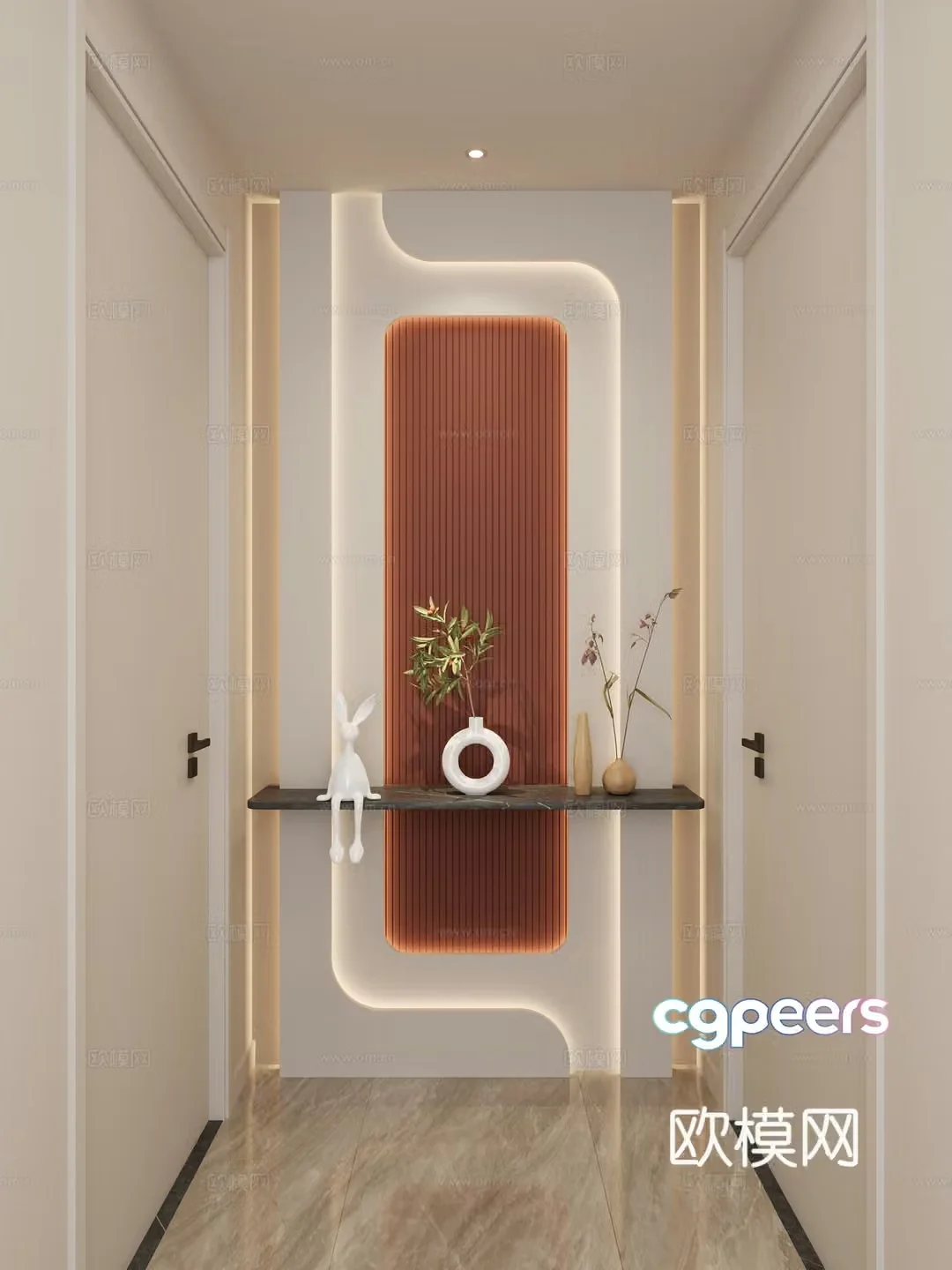 Simple creamy style curved shape Hermes orange marble corridor end view 3D model