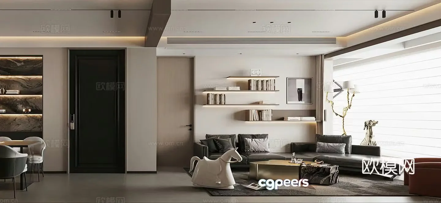 Italian restaurant combination sofa dark gray dark wind wine cabinet TV background wall casual 3d model