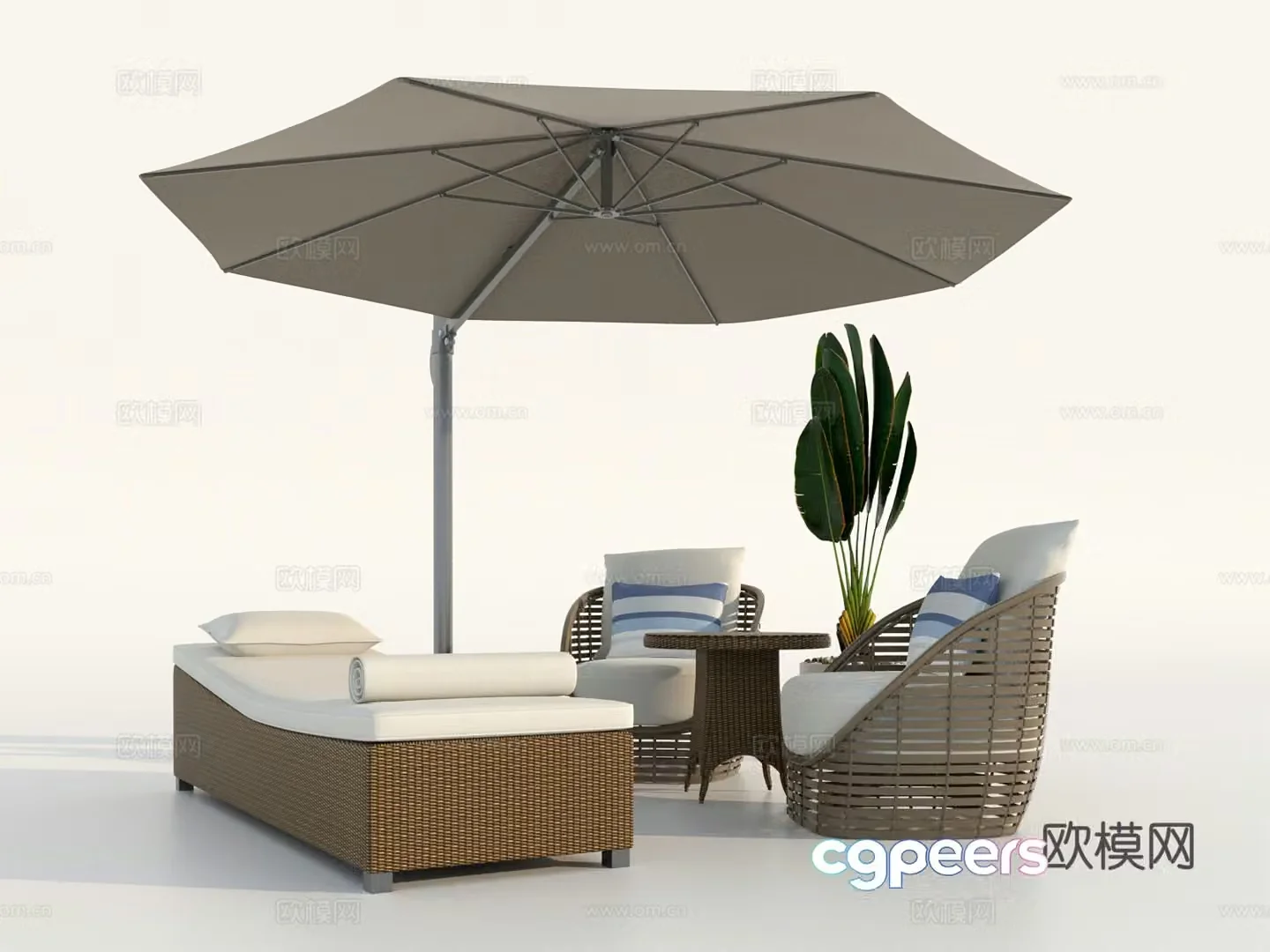 Modern outdoor leisure chair sun umbrella recliner bed combination 3D model
