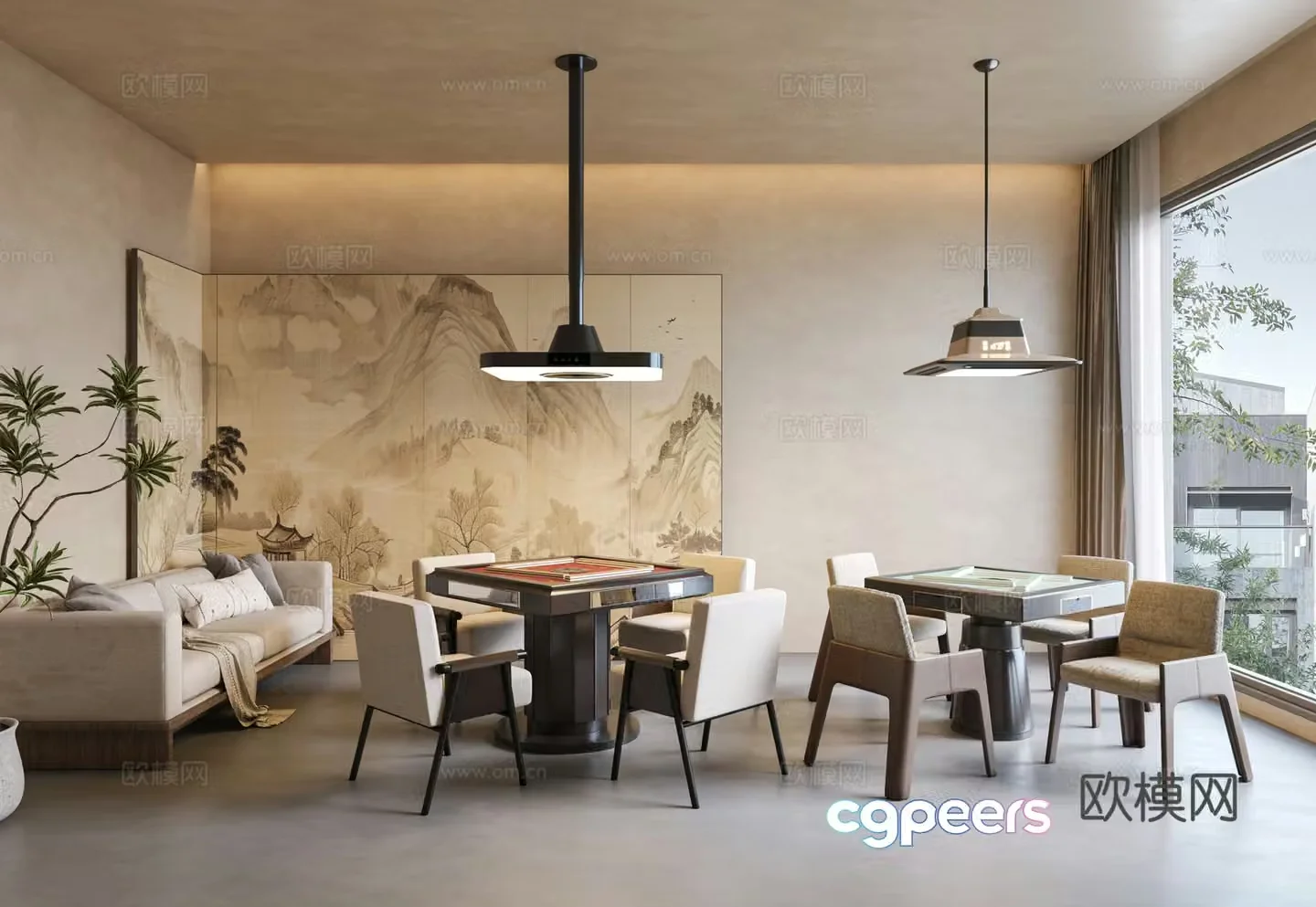 Modern chess and card room Mahjong room Entertainment room Mahjong table and chairs Smoking lamp Decorative screen Double 3D model