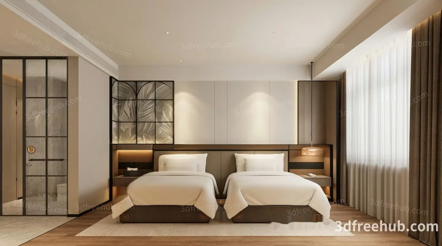A Hotel Room With Two Beds 3D Model – 23258 – VRAY Render