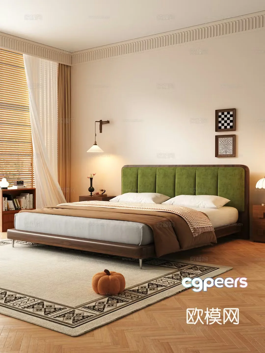 Middle style bedroom double bed 3d model